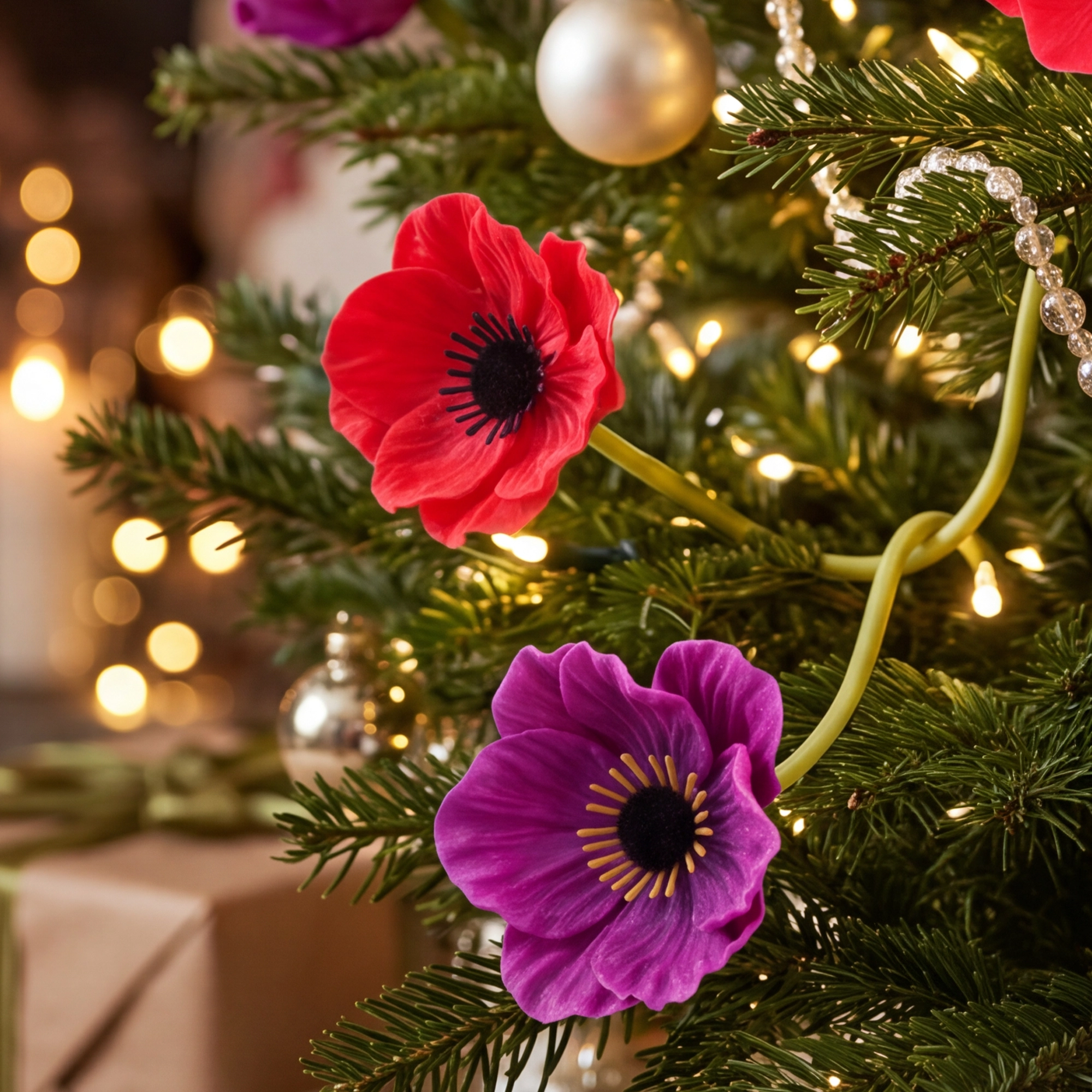 A mix of Red and Purple Poppy Stems in a Christmas tree